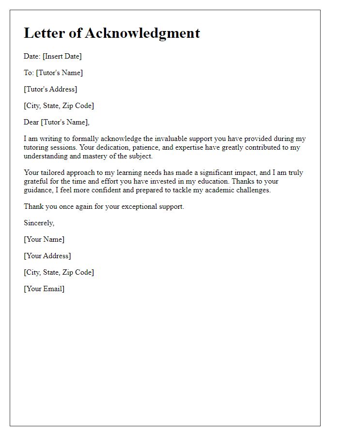 Letter template of acknowledgment for tutoring support