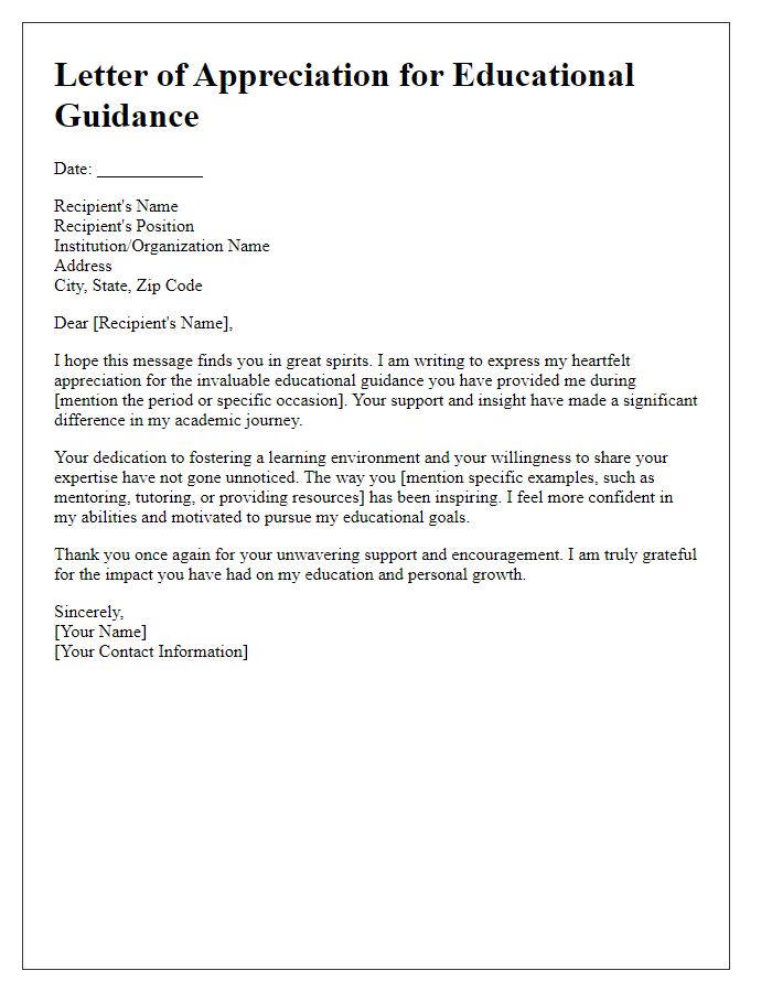 Letter template of appreciation for educational guidance