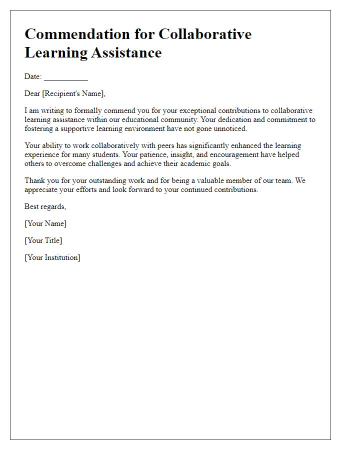 Letter template of commendation for collaborative learning assistance