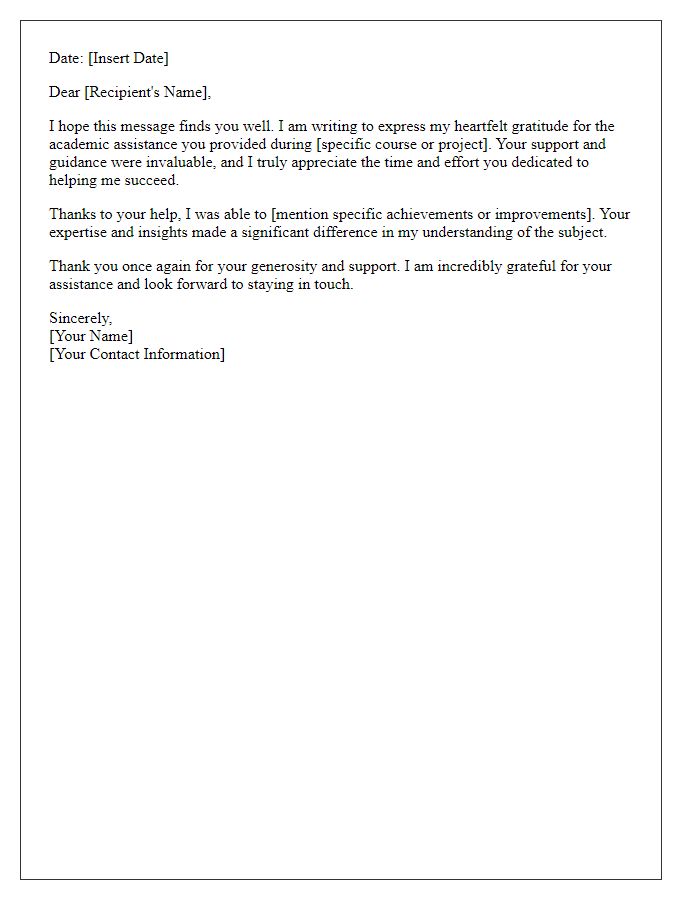 Letter template of gratitude for academic assistance received