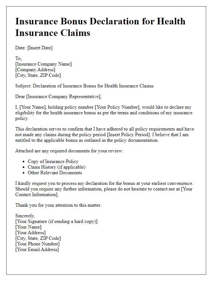 Letter template of insurance bonus declaration for health insurance claims.