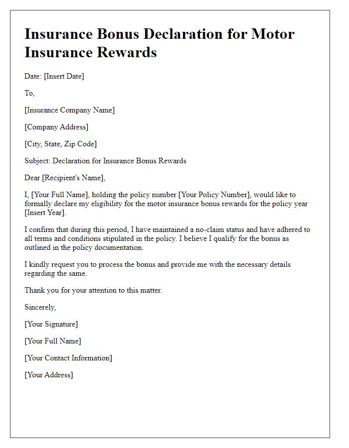 Letter template of insurance bonus declaration for motor insurance rewards.