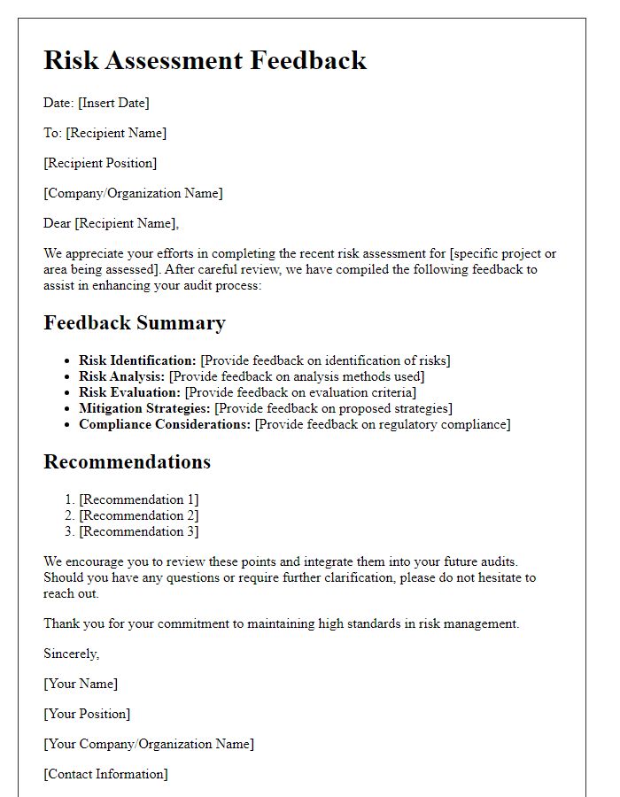 Letter template of risk assessment feedback for audit purposes.