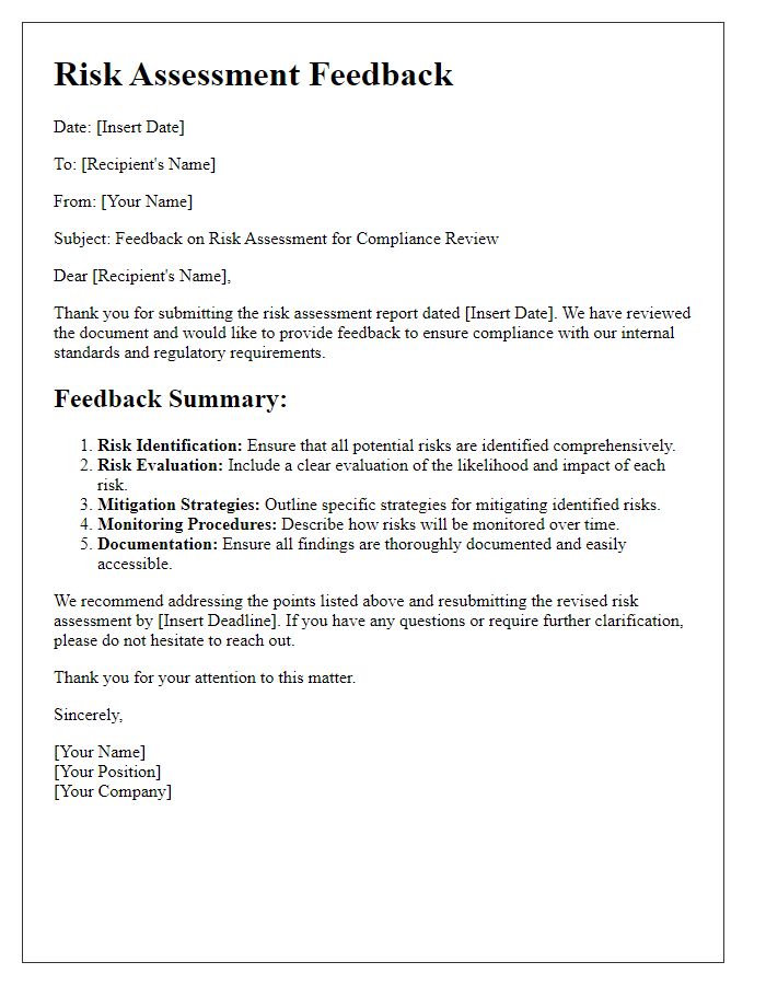 Letter template of risk assessment feedback for compliance review.