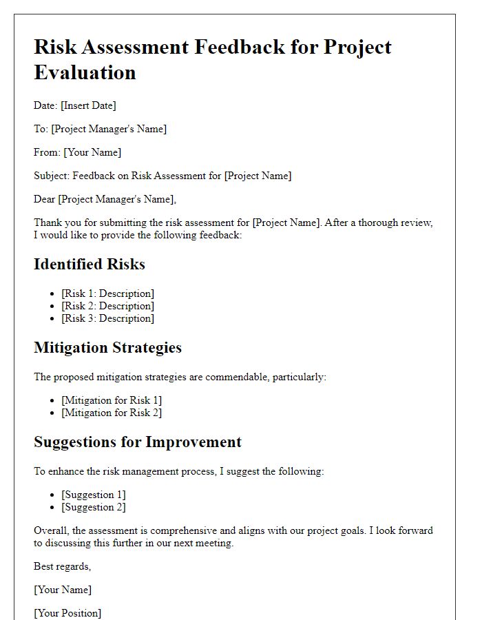 Letter template of risk assessment feedback for project evaluation.