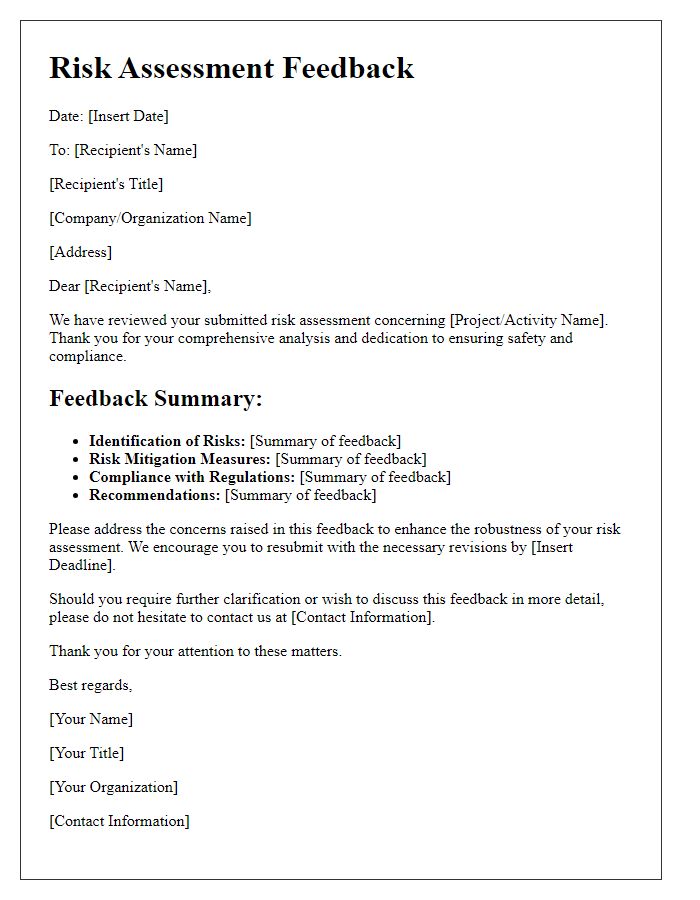 Letter template of risk assessment feedback for regulatory submission.