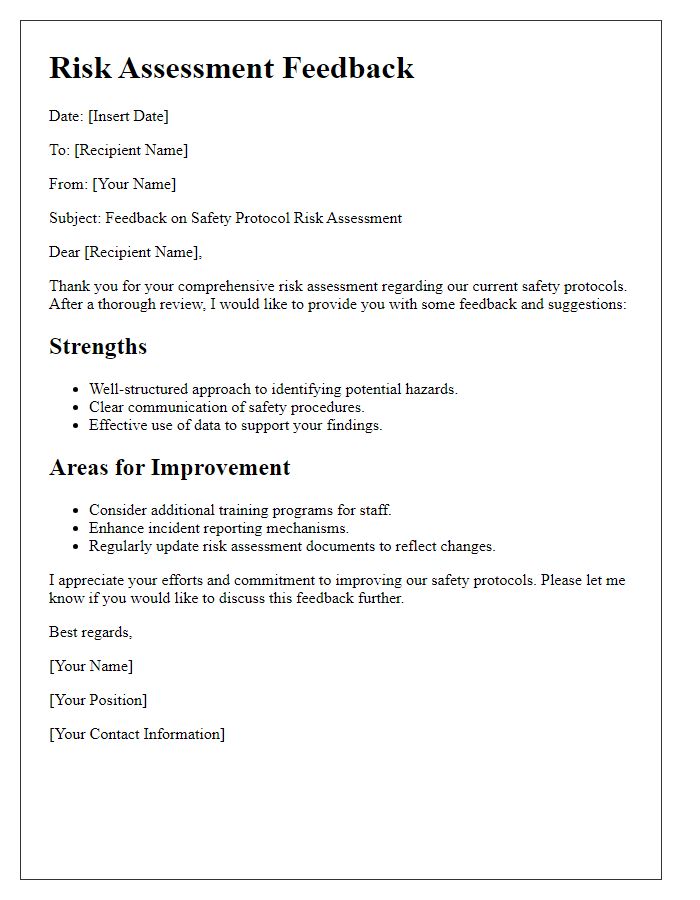 Letter template of risk assessment feedback for safety protocols.