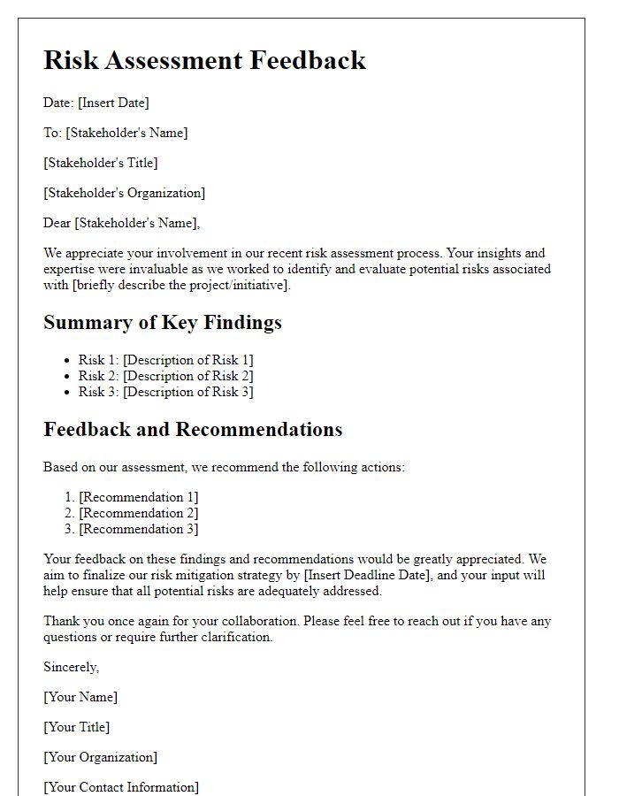 Letter template of risk assessment feedback for stakeholder communication.