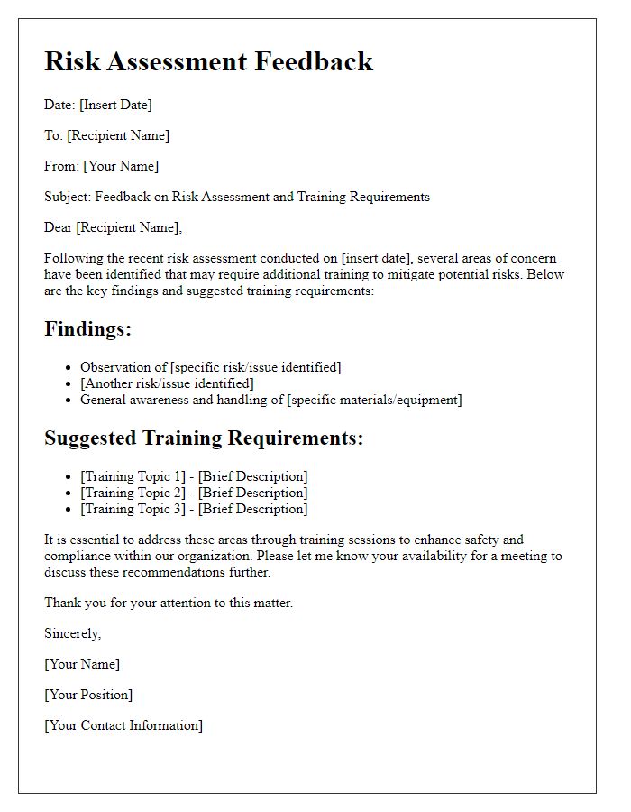 Letter template of risk assessment feedback for training requirements.