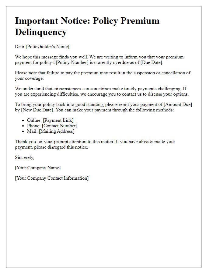 Letter template of policy premium delinquency warning for policyholders