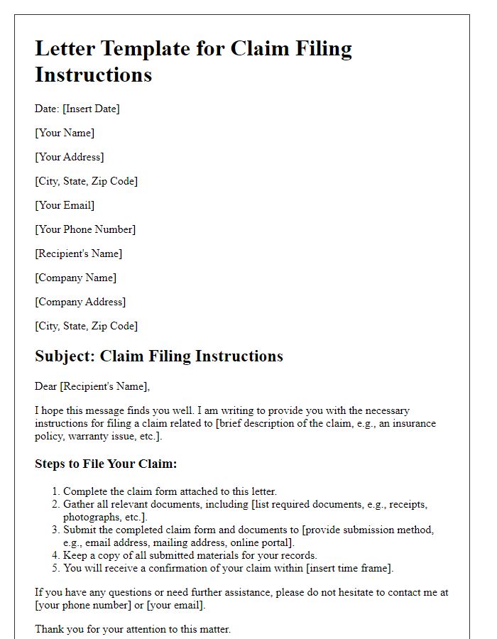 Letter template of claim filing instructions