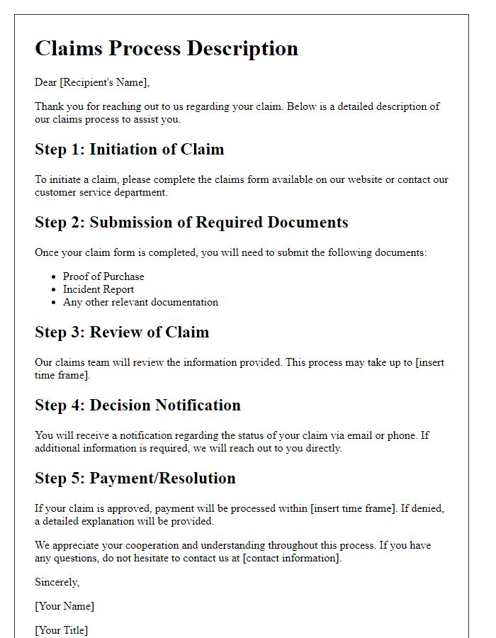 Letter template of detailed claims process description