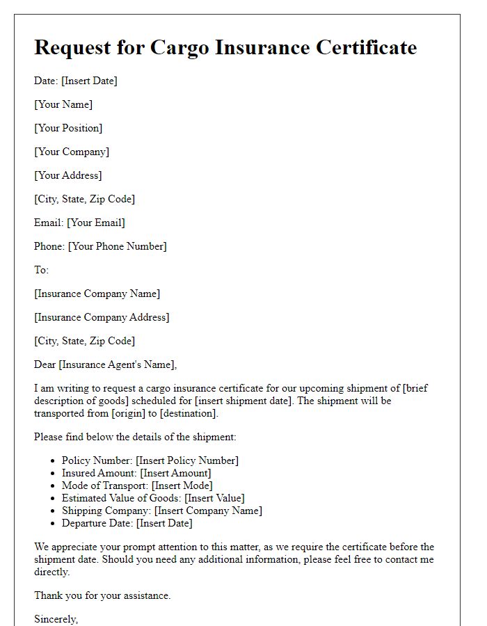 Letter template of cargo insurance certificate request