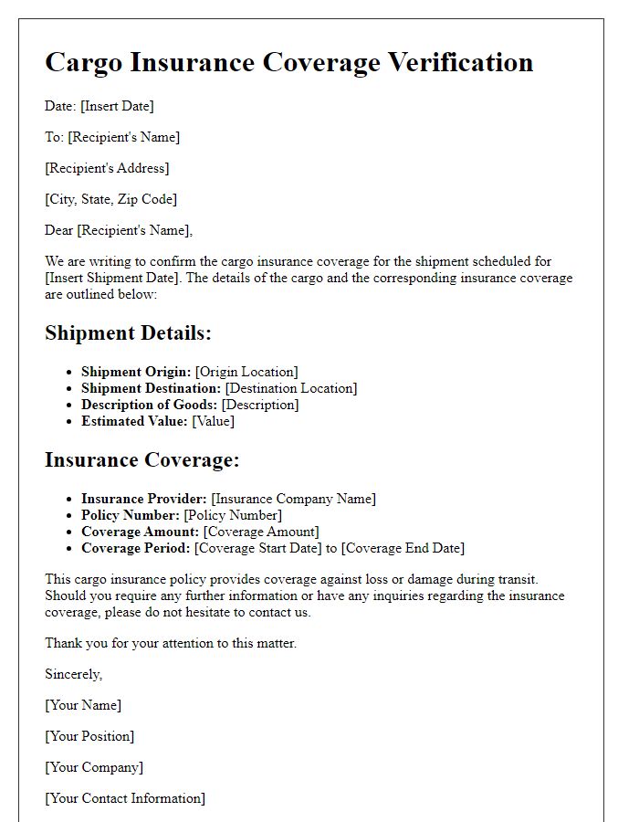 Letter template of cargo insurance coverage verification for shipment