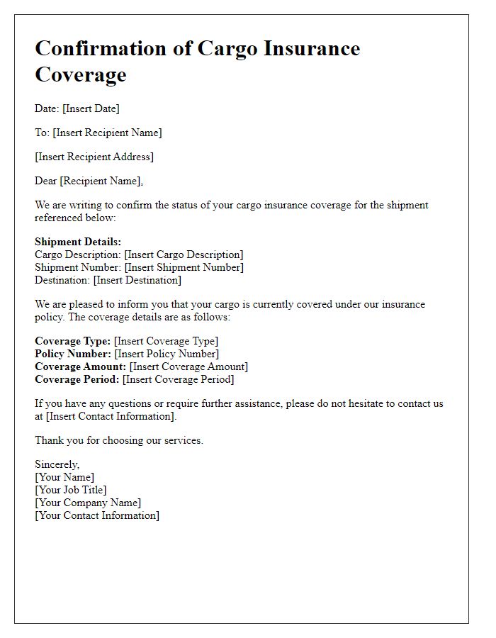 Letter template of confirmation of cargo insurance coverage status