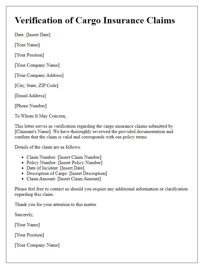 Letter template of verification for cargo insurance claims