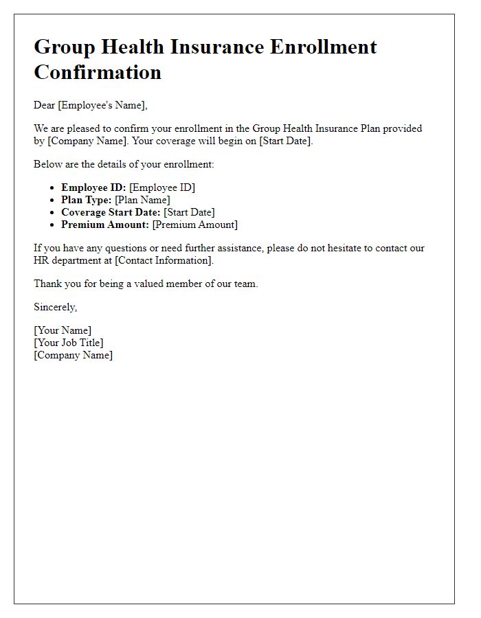 Letter template of group health insurance enrollment confirmation