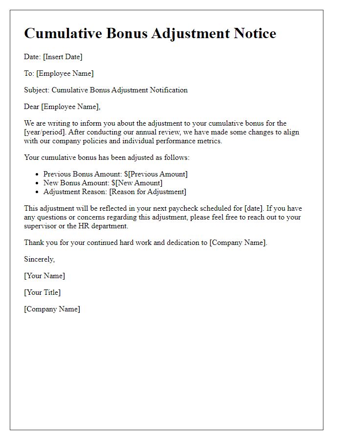 Letter template of Cumulative Bonus Adjustment Notice