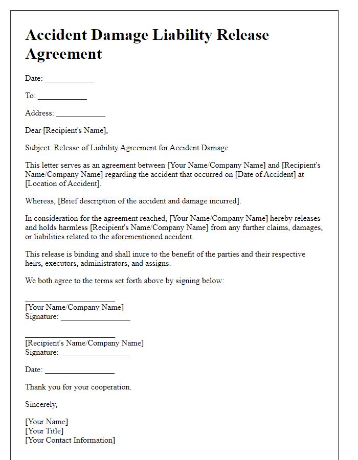 Letter template of accident damage liability release agreement