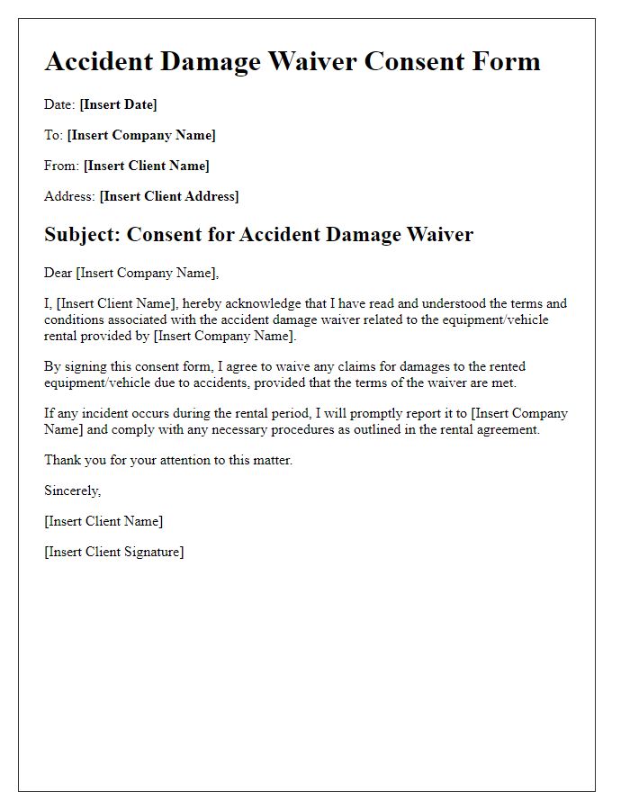 Letter template of accident damage waiver consent form