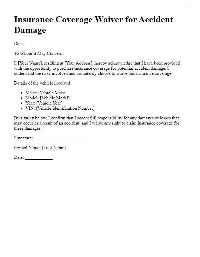 Letter template of insurance coverage waiver for accident damage