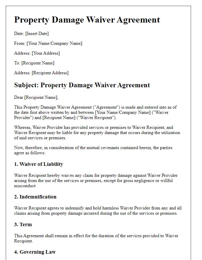 Letter template of property damage waiver agreement