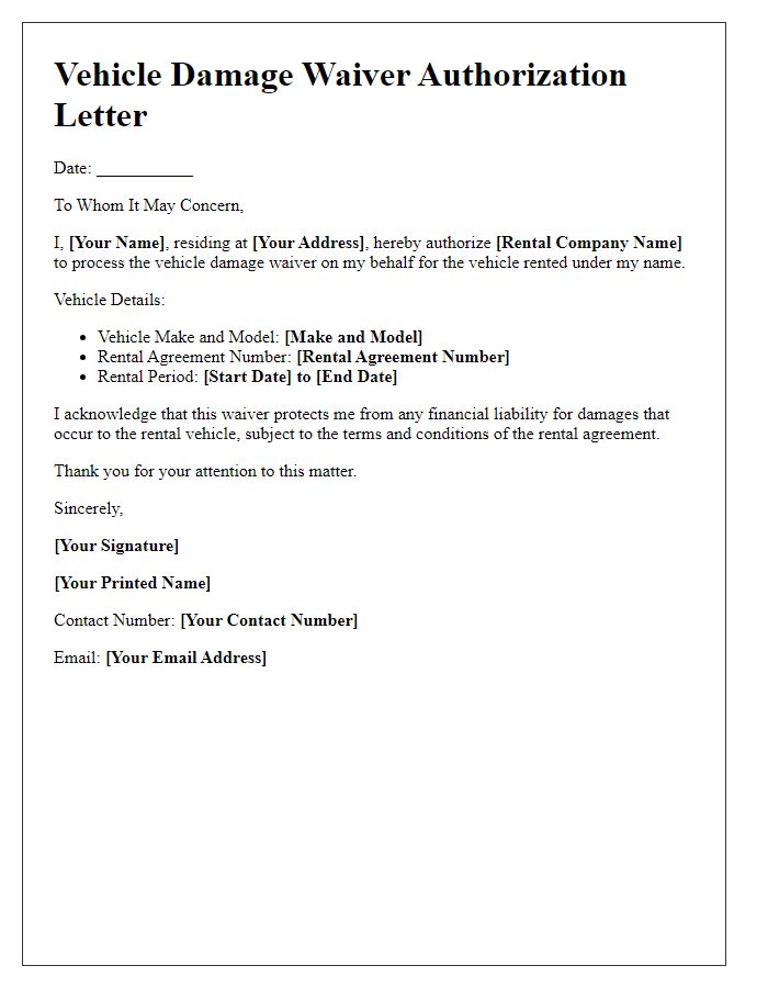 Letter template of vehicle damage waiver authorization