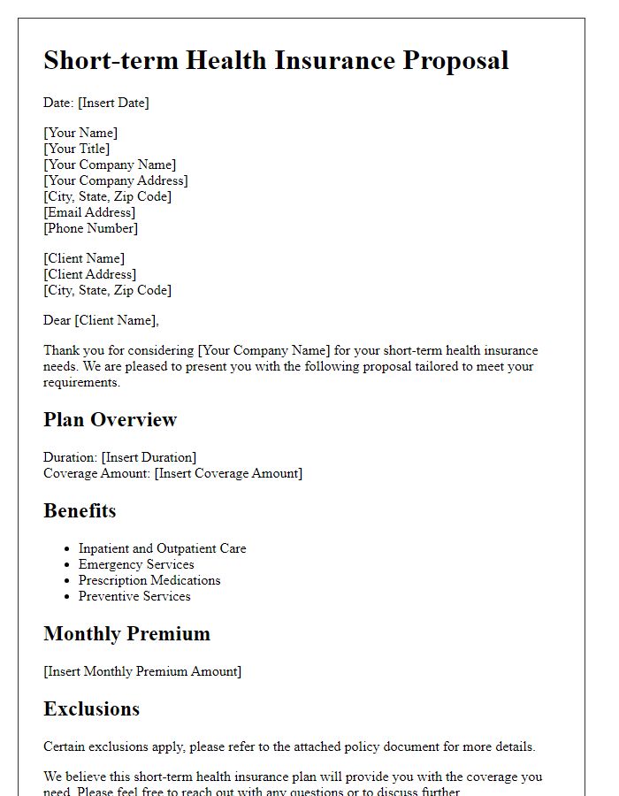 Letter template of short-term health insurance proposal.