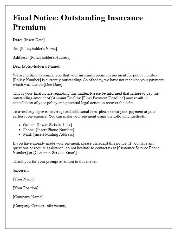 Letter template of final notice for outstanding insurance premium