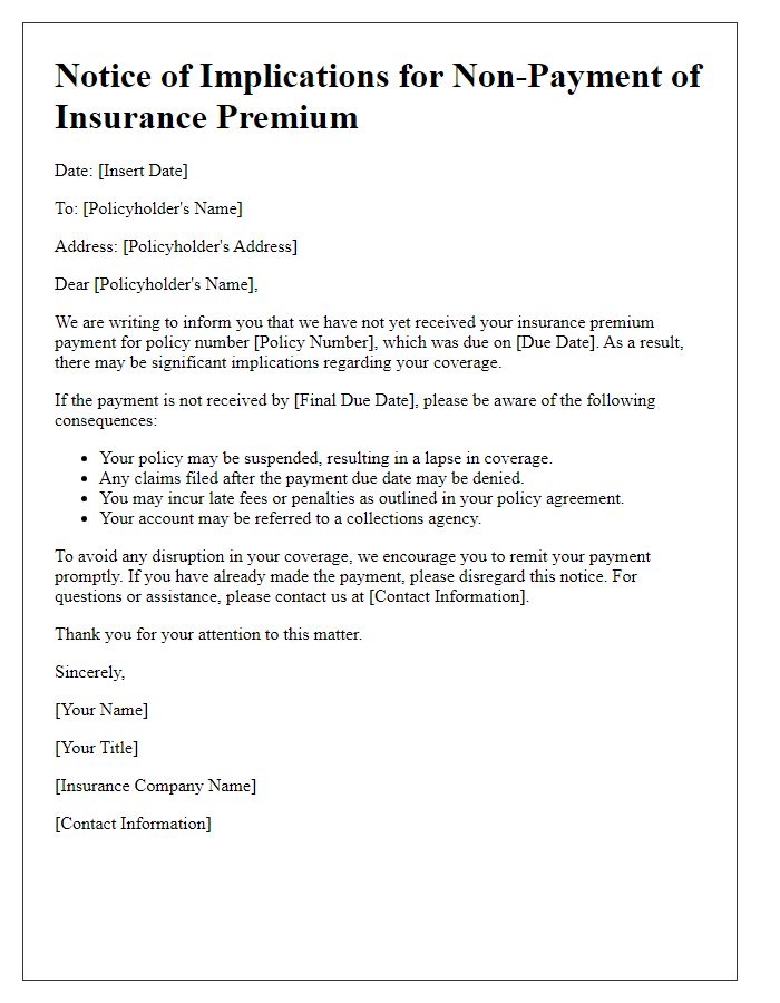 Letter template of implications for non-payment of insurance premium