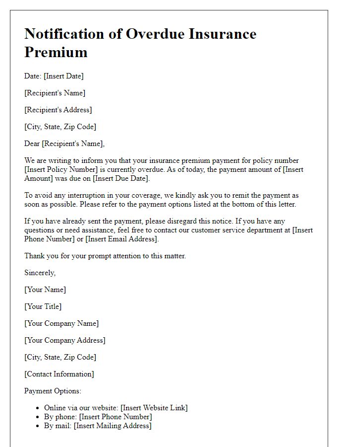 Letter template of notification for overdue insurance premium