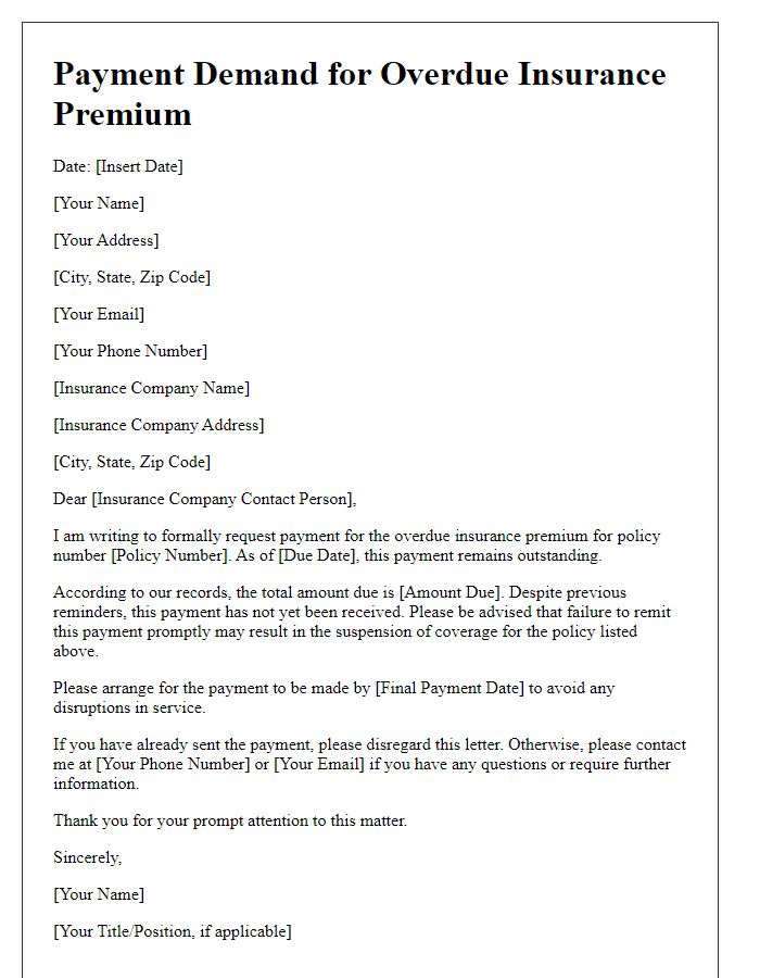 Letter template of payment demand for overdue insurance premium