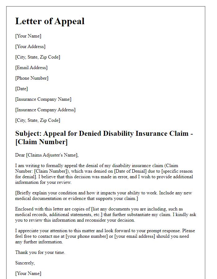 Letter template of appeal for denied disability insurance claim