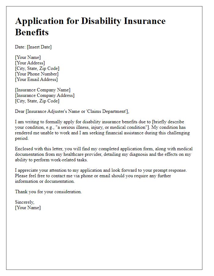 Letter template of application for disability insurance benefits