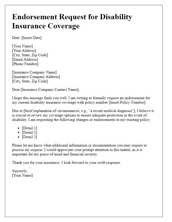 Letter template of endorsement request for disability insurance coverage