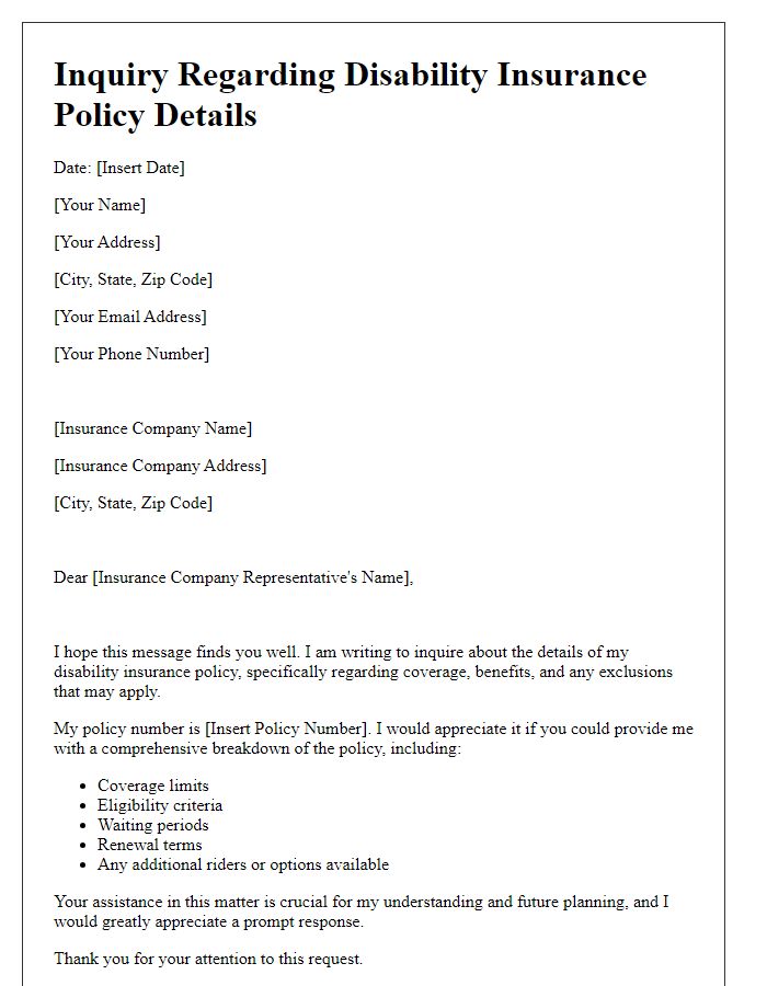 Letter template of inquiry regarding disability insurance policy details