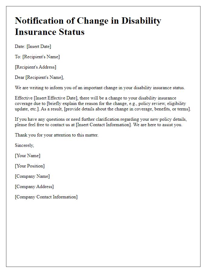 Letter template of notification for change in disability insurance status