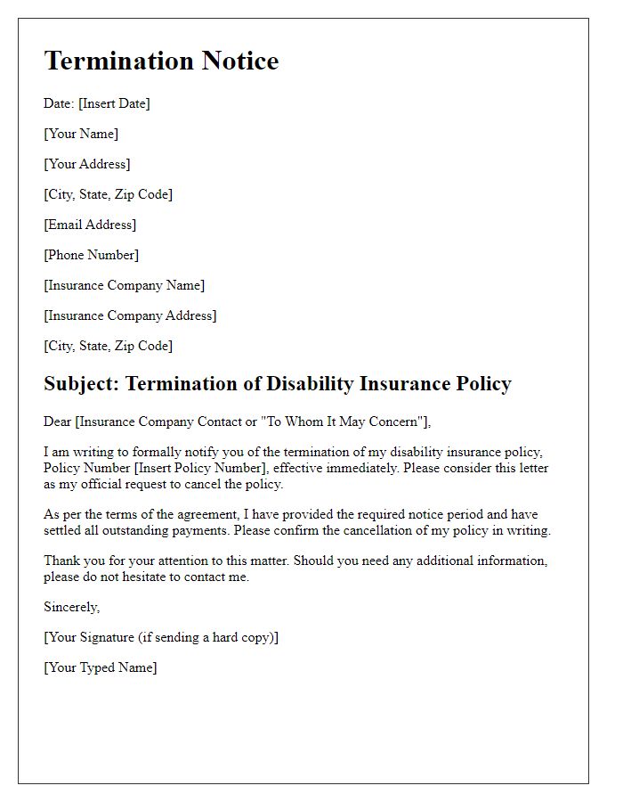 Letter template of termination notice for disability insurance policy