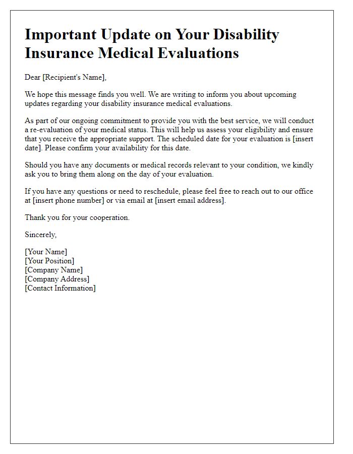 Letter template of update for disability insurance medical evaluations