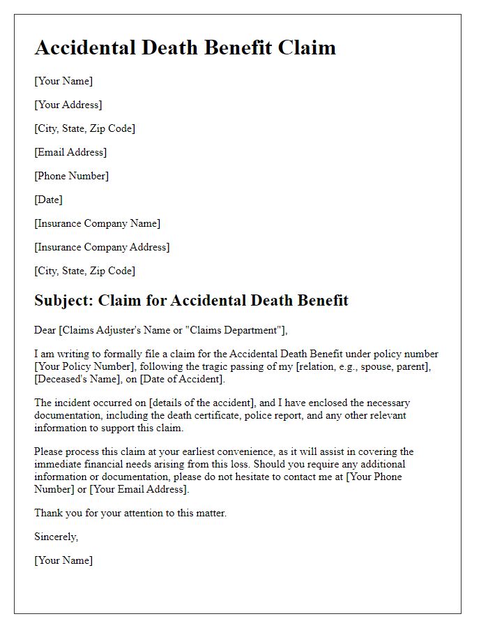 Letter template of accident insurance benefit claim for accidental death benefit.