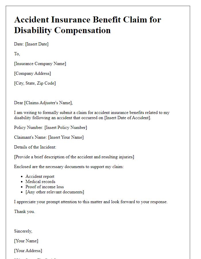 Letter template of accident insurance benefit claim for disability compensation.