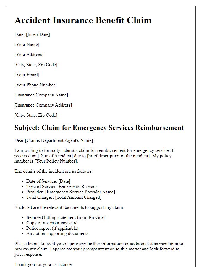 Letter template of accident insurance benefit claim for emergency services reimbursement.