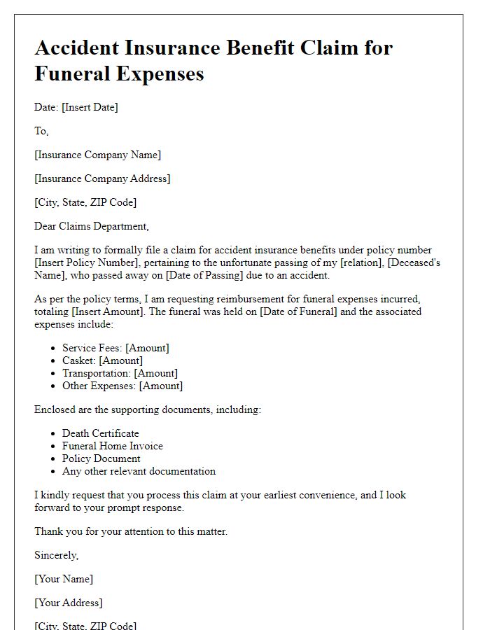 Letter template of accident insurance benefit claim for funeral expenses.