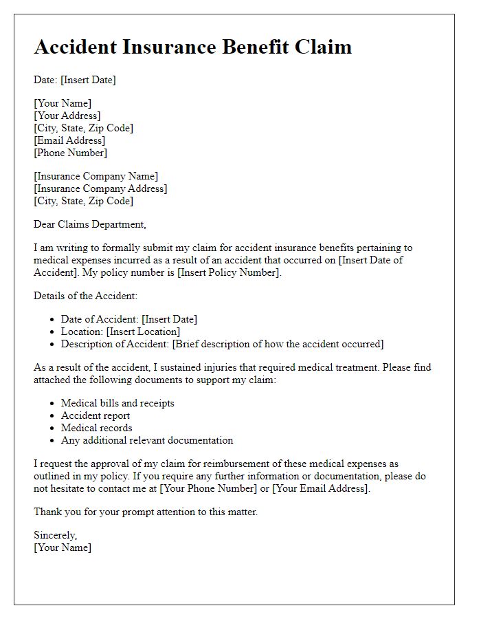 Letter template of accident insurance benefit claim for medical expenses.