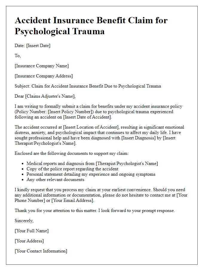 Letter template of accident insurance benefit claim for psychological trauma.