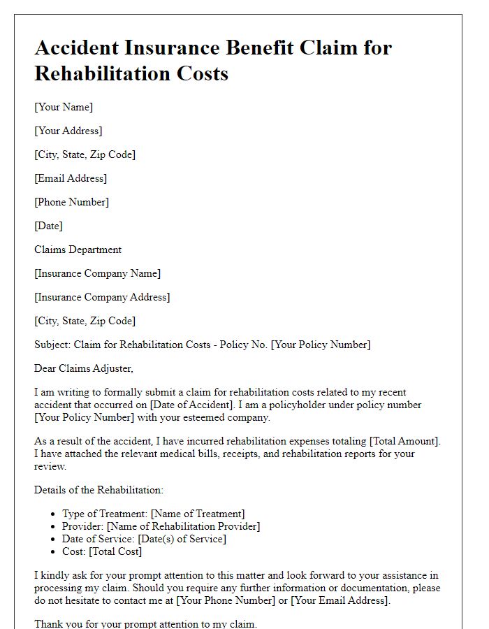 Letter template of accident insurance benefit claim for rehabilitation costs.