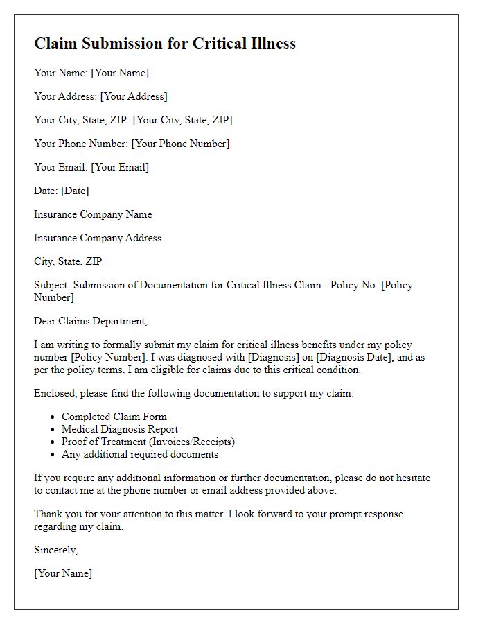 Letter template of documentation submission for critical illness claim