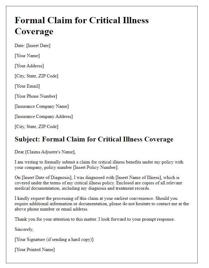 Letter template of formal claim for critical illness coverage