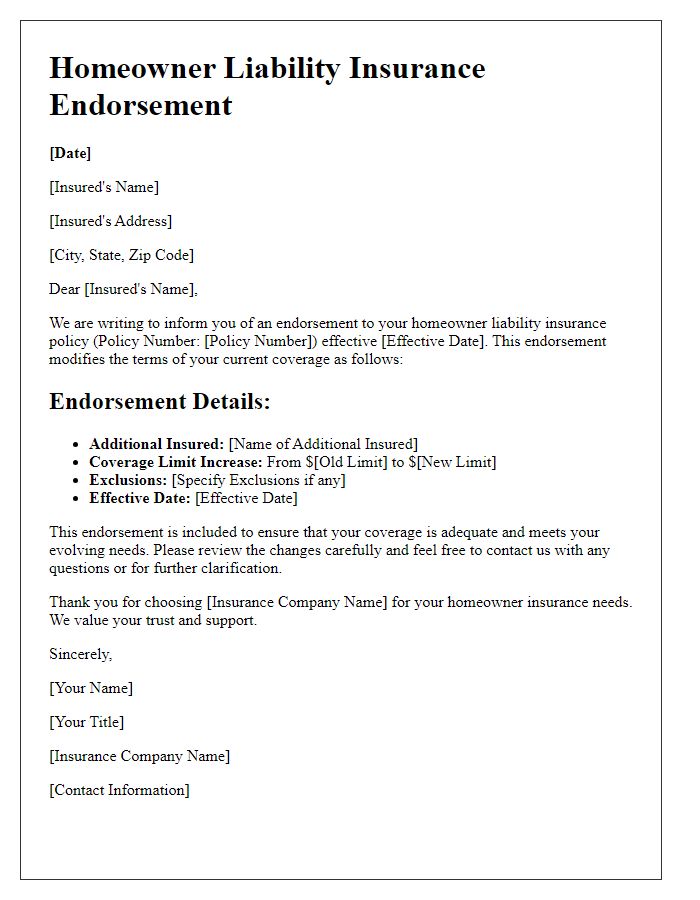 Letter template of homeowner liability insurance endorsement