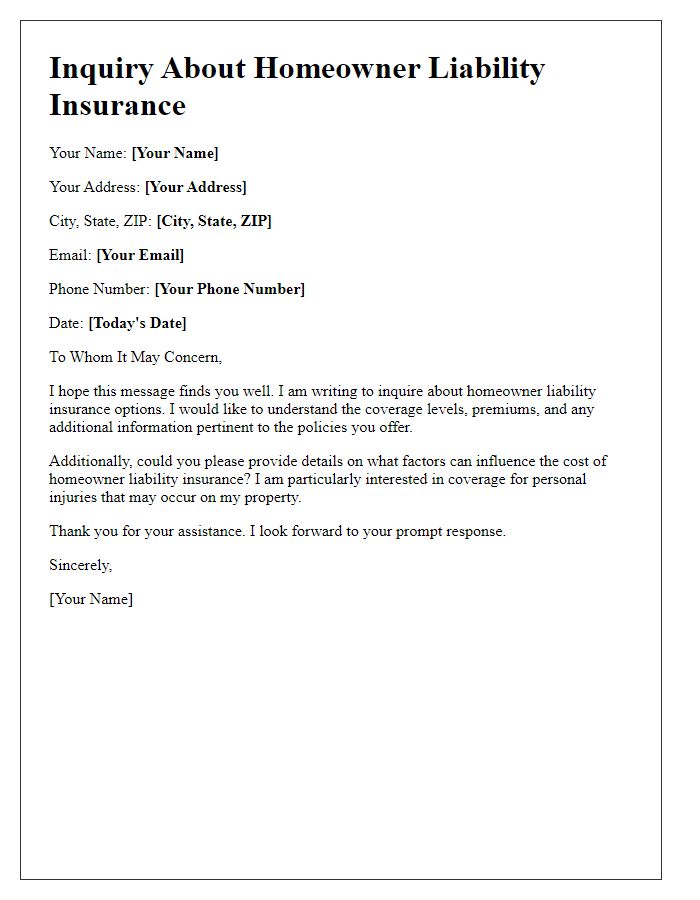 Letter template of homeowner liability insurance inquiry